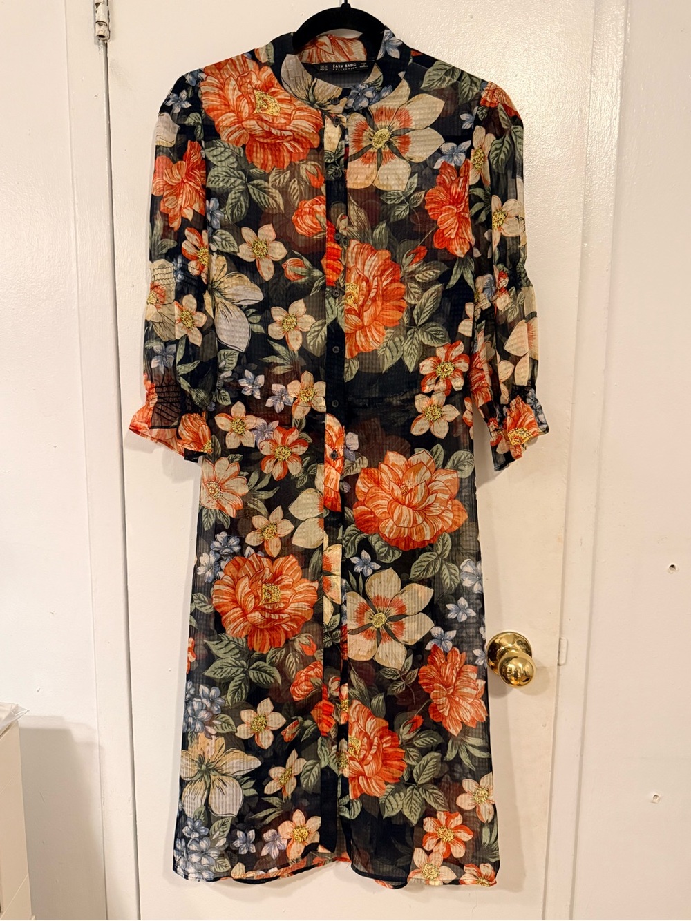 Sheer Black Floral Button-Front Midi Dress with Slits